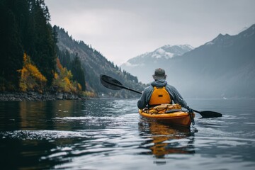 Fototapeta premium Back view of a man kayaking on a lake