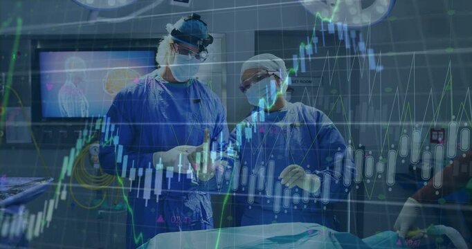 Lead surgeons adjusting gloves before surgery, consulting brain scan as digital charts intensifying - Powered by Adobe