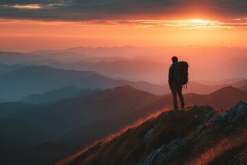 Obraz premium Backpacker atop a mountain at sunset embodying a healthy active lifestyle