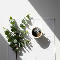 Minimalist flatlay of steaming coffee cup with fresh eucalyptus branch on clean white linen. Bright daylight and soft shadows copy