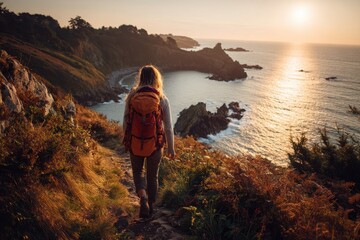 Backpacking young woman begins coastal hike at sunset