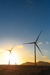Operating wind turbines in the field at sunset, green energy production and renewable power in...