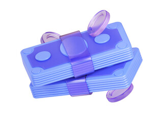 Blue banknotes in 3d with transparent coins