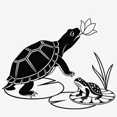 Turtle headbutting a frog over lily pad rights   image silhouette design vector art and illustration