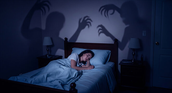 The shadows of monsters surrounding a sleeping woman cause fear, panic, and horror.