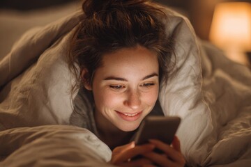 A brunette girl in bed is checking a text from her boyfriend while a cheerful woman under a blanket watches a video on her phone