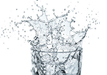 Multitude of crystal-clear transparent water droplets and dynamic splashes, perfectly frozen mid-air with ethereal shapes and sparkle, against a pristine transparent isolated studio background,