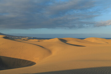 Golden sand dunes stretch towards the horizon, meeting a calm ocean under a cloudy sky in a serene coastal landscape.