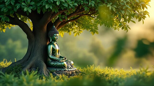 Statue of Buddha is sitting under a tree in a lush green field. Concept of peace and tranquility. The natural surroundings