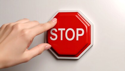 A hand presses a red octagonal stop button