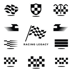Checkered Flag Vector Collection with Racing Icons and Finish Line Symbols in Black and White – Ideal for Speed Sports Graphics, Auto Branding, and Racing Promotions 