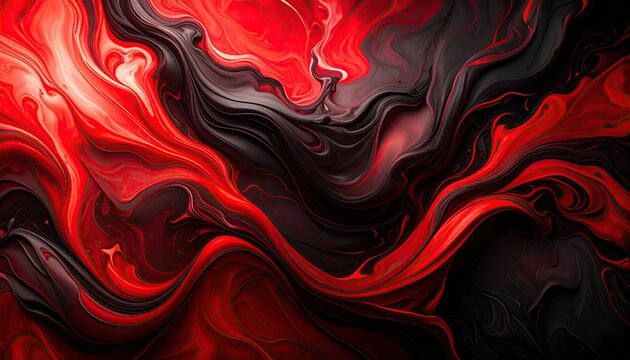 Abstract swirling paint patterns in vibrant red and dark tones