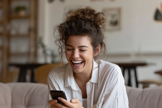 Cheerful Latina uses smartphone to laugh while relaxing at home