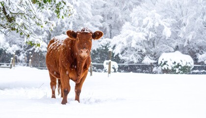 A reddish-brown cow in a snowy field