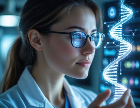 Female geneticist examines a 3D digital model of a DNA double helix.