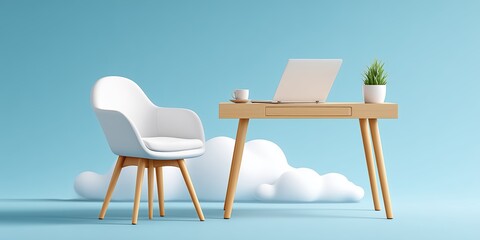 Minimal home office with modern chair desk laptop and plant in peaceful cloud setting for workspace inspiration visuals.