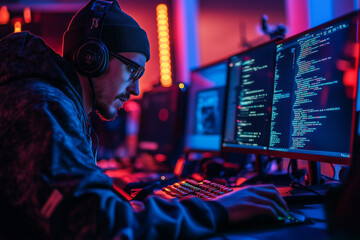 Man working with several screens at one time 