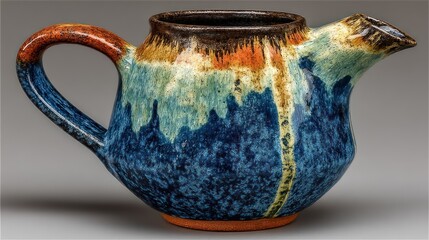 Handcrafted Blue and Orange Ceramic Pitcher