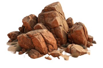 Large pile of rough textured desert rocks and sparse dry grass isolated on transparent background
