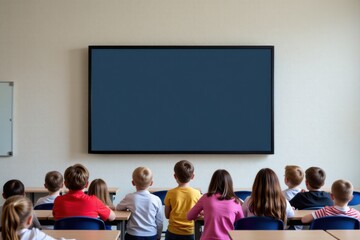 Children watching a blank screen in a classroom setting  