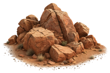 A pile of large rough textured reddish brown boulders and rocks isolated on transparent background