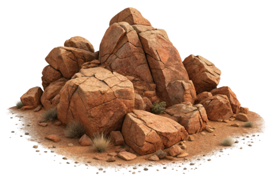 A pile of large rough textured reddish brown boulders and rocks isolated on transparent background