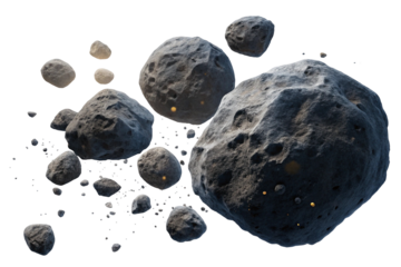 A collection of realistic asteroids and space rocks isolated on transparent background