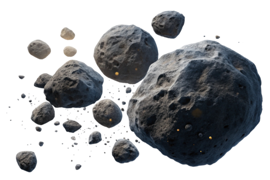 A collection of realistic asteroids and space rocks isolated on transparent background