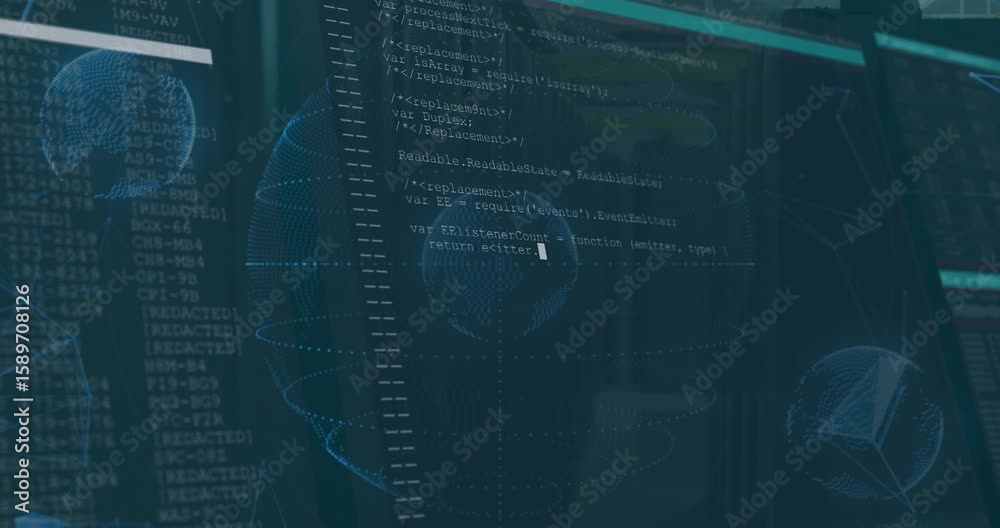 Poster on start wireframe globe pulsing and rotating as updating code, revolving spheres for visualization