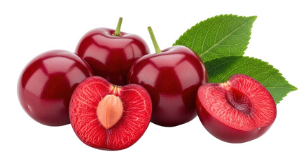 Isolated red plums and cut plum on white background