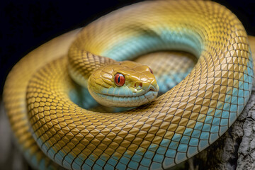 Fototapeta premium A snake with a blue and yellow body is curled up on a log