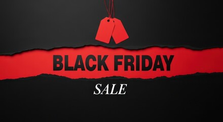 A black friday sale is advertised with torn black paper revealing a red background and two red tags