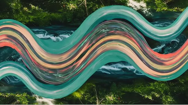 Abstract colorful wave pattern over a serene forest river landscape with lush greenery