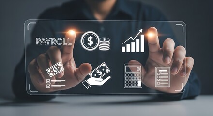 Payroll management is shown on screen being controlled by a person's fingers highlighting business finance and company planning.