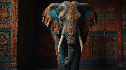 Ornate elephant, vibrant painted, ornate room