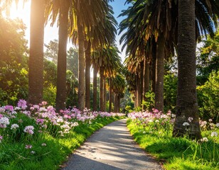 Obraz premium Sunny path through a palm grove