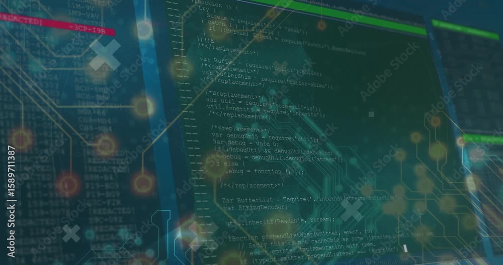 Poster pulsing nodes building network, globe emerging, bars sliding, code scrolling, visualizing interface