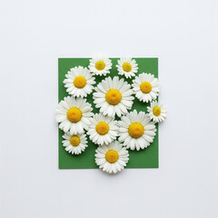 Minimalistic overhead of white chamomile flowers arranged on vibrant green backdrop. Soft natural lighting with clean space for overlay text copy