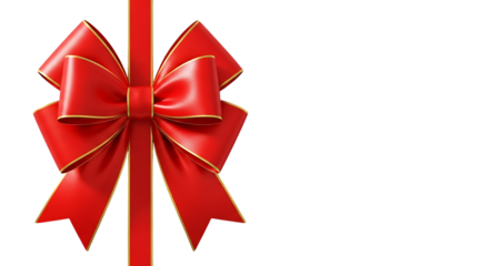A vibrant red gift bow with golden trim on a black backdrop creates a festive Christmas and holiday mood, perfect for packaging design or celebratory banner, transparent background