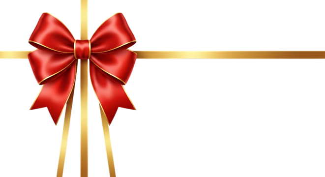 Luxurious red bow with gold ribbon adorns a dark backdrop, perfect for holiday gift wrapping or elegant seasonal designs and celebrations, creating a festive feel, transparent background