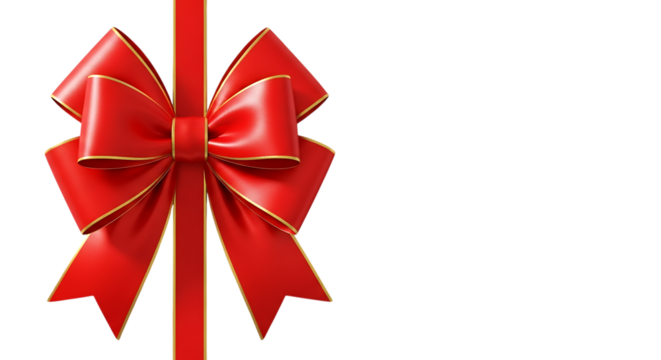 A vibrant red gift bow with golden trim on a black backdrop creates a festive Christmas and holiday mood, perfect for packaging design or celebratory banner, transparent background