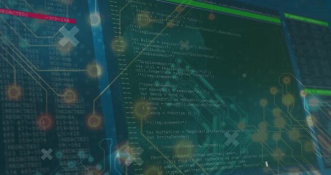 Pulsing nodes building network, globe emerging, bars sliding, code scrolling, visualizing interface