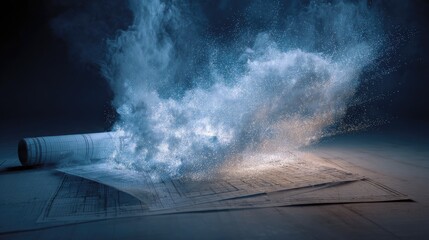 Rolled blueprints explode in a cloud of light