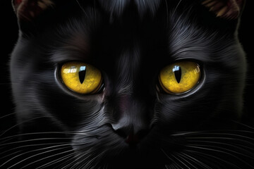 close-up front view of a black cat yellow eyes peering from the darkness ai generate vector