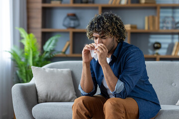 A man with curly hair sitting on a couch, blowing his nose, likely experiencing seasonal allergies...