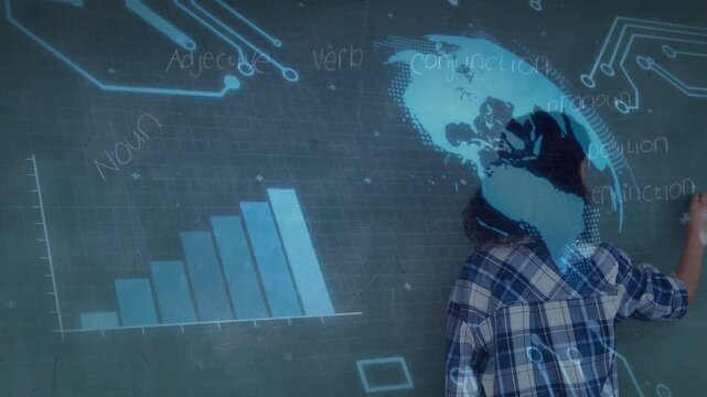 Teenage student reaching chalk, writing speech labels activating bar chart and globe for education