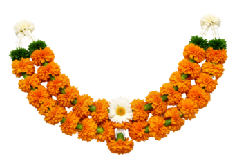 Vibrant Marigold Garland: A Festive Semi-Circular Arrangement with Orange and White Flowers