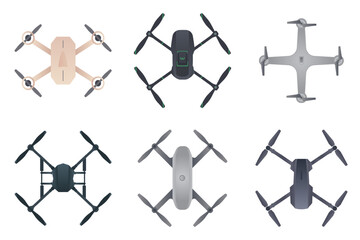 Quadcopter vector collection. Different drones isolated on white.