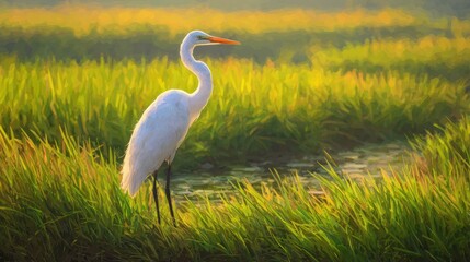 Obraz premium White egret in golden marsh grasses