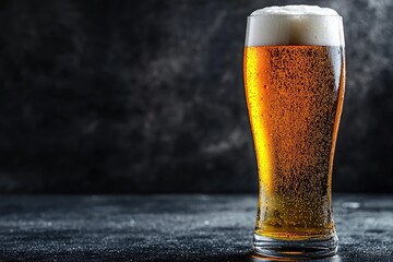 Tall pint of cold amber beer with foamy head and dense carbonation on dark textured background, perfect for bar advertising, beer branding, and menu designs
